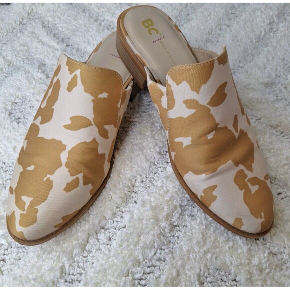 BC FOOTWEAR Vegan- Born In California "Look At Me" Tan Cow Print Mules Sz 8 - Picture 1 of 9